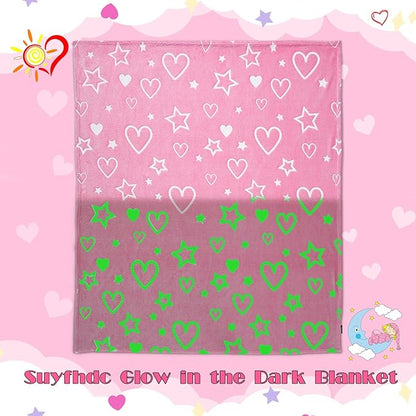 Glow in The Dark Blanket for Mothers Day - Soft Warm Furry Throw Gift for Mom, Cozy Heart Blanket Indoor Outdoor Camping Bedding, Pink Heart 50x60 Inches