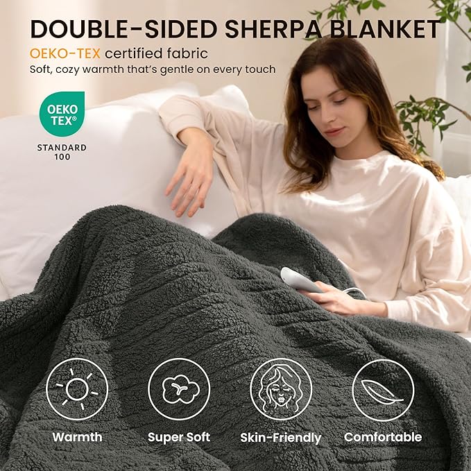 Heated Blanket Electric Blanket Queen - Fast Heating Blanket Throw Dual Control Double Sided Sherpa with 10 Heating Levels & 2-10 Hours Auto Off, Mashine Washable, 84 x 90 Inches, Grey