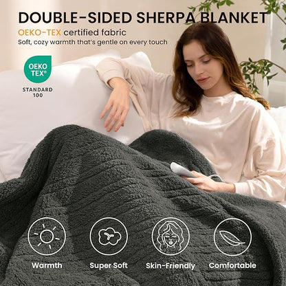 Heated Blanket Electric Blanket King - Fast Heating Blanket Throw Dual Control Double Sided Sherpa with 10 Heating Levels & 2-10 Hours Auto Off, Mashine Washable, 90 x 100 Inches, Grey