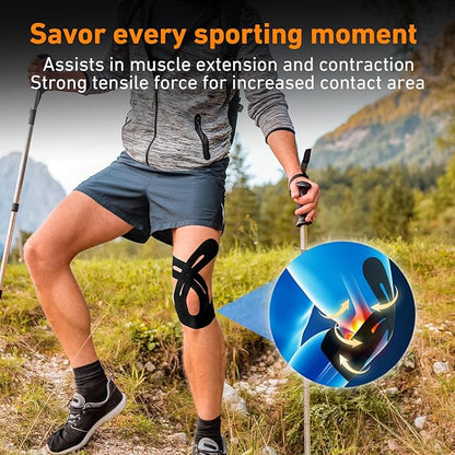 PreCut Kinesiology Tape for Knees, 12 PCS Waterproof KTQUICK Knee Tape for Knee Pain Relief Pre Cut, Original Cotton Athletic Knee Tape, Waterproof & Hypoallergenic Latex-Free for Sports (Black)
