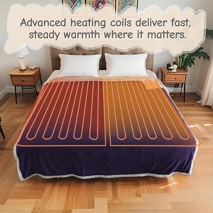 Electric Heated Blanket Throw Size 50"x60", Soft Flannel with Overheat Protection, 6 Adjustable Heat Settings & 3-Hour Auto-Off Timer, Fast Heating for Winter Comfort, Dark Purple