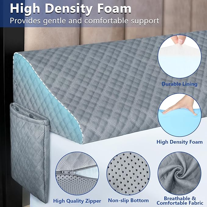 Kayfia Full Size Pillow Wedge for Headboard Gap Bed Gap Filller (0-8") Mattress Space Filler Pillow Stopper with 2 Side Pocket Triangle Foam Pillow Wedge Between Headboard Mattress (Grey, 54"x10"x6")