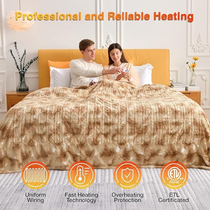 WOOMER Heated Blanket Queen Size 84" x 90", Electric Blanket with 0.5-12 Hours Timer & 10 Heating Levels, ETL Certified, Marble Blue Double-Sided Faux Fur, Machine Washable