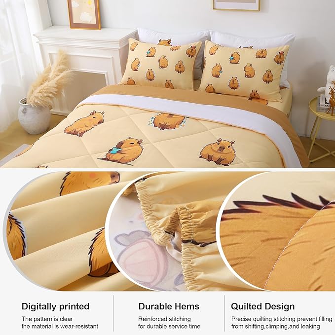 Wajade Capybara Comforter Set 7 Piece Cute Brown Animal Bedding Set Capybara for Boys Girls Room Decoration Twin Size with Sheet and 2 Pillowcases 2 Pillow Shams Cute Bed in a Bag as Birthday Gift