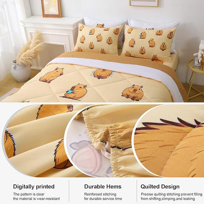 Wajade Capybara Comforter Set 7 Piece Cute Brown Animal Bedding Set Capybara for Boys Girls Room Decoration Full Size with Sheet and 2 Pillowcases 2 Pillow Shams Cute Bed in a Bag as Birthday Gift