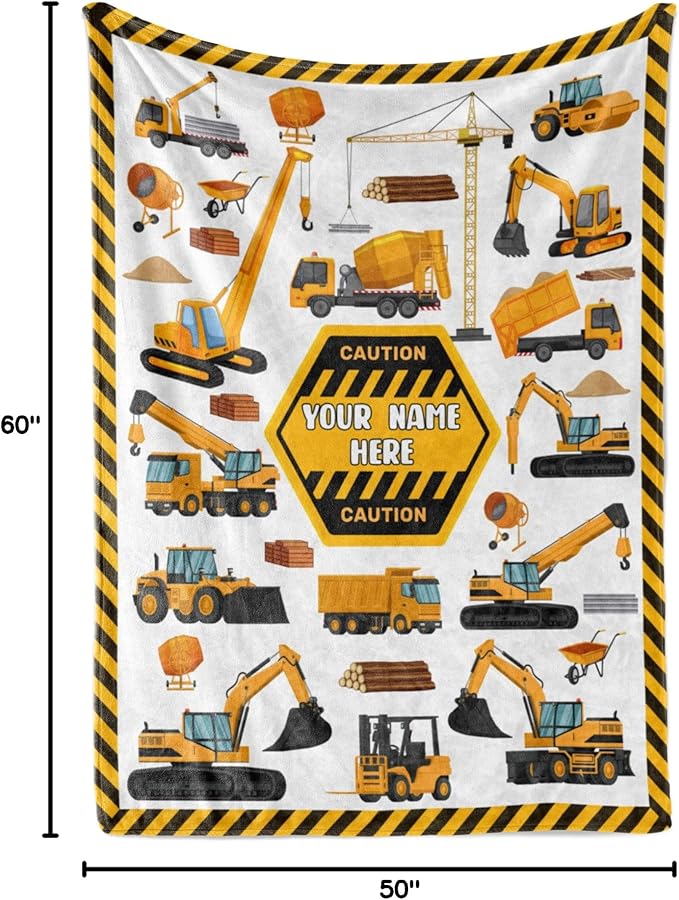 Personalized Truck Blanket - Made in USA and Shipped Next Day - Soft Fleece Construction Excavator Design for Kids & Adults, Toddler Bed or Sofa Throw (50x60 Fleece)