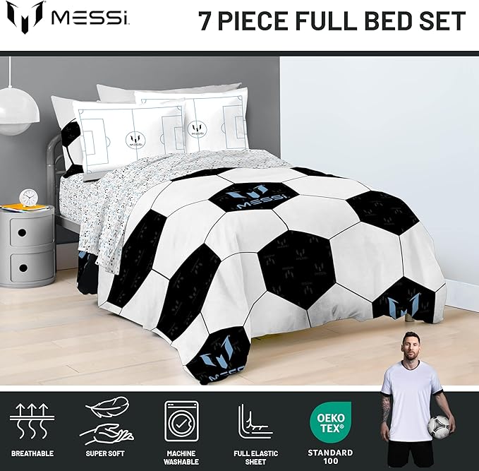 Jay Franco Kids Comforter Set Includes Sheets and Pillow Cover - Soft and Cozy Bed Set for Stylish Room Décor, White - Lionel Messi, 7 Piece Full
