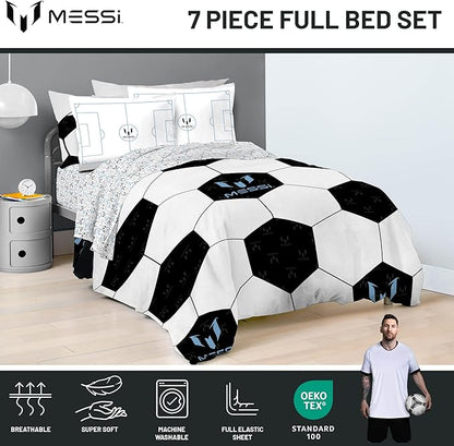 Jay Franco Kids Comforter Set Includes Sheets and Pillow Cover - Soft and Cozy Bed Set for Stylish Room Décor, White - Lionel Messi, 7 Piece Full