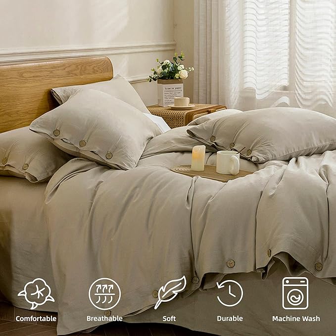 JELLYMONI Cotton Duvet Cover King Size - Linen Gray Comforter Cover with Button 100% Washed Cotton 3PCS Breathable Soft Solid Bedding Set Duvet Cover 104×90in & 2 Pillowcases (NO Comforter)