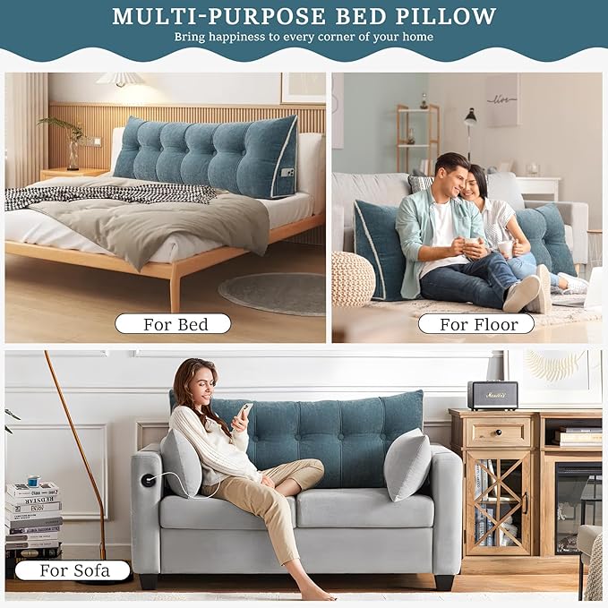 Headboard Pillow Queen, Chenille Triangular Wedge Pillow Headboard Queen Size, Reading Setting Backrest Daybed Pillows for Sofa Bed with Removable Cover, Blue