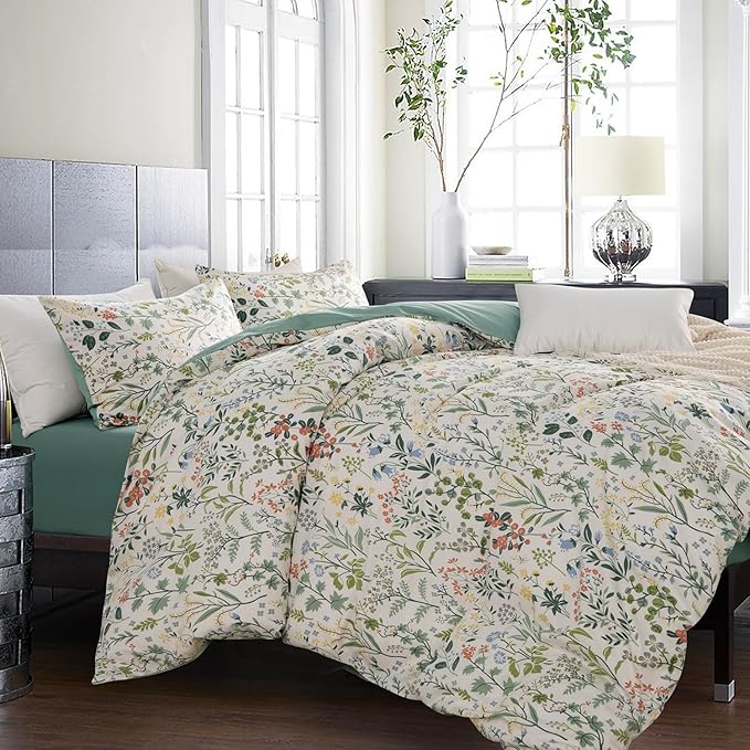 Duvet Cover Queen Size Floral 100% Brushed Microfiber 3 Pieces Fresh Garden Green Wildflower Botanical Floral Pattern Printed Queen Flower Duvet Cover with Zipper Closure