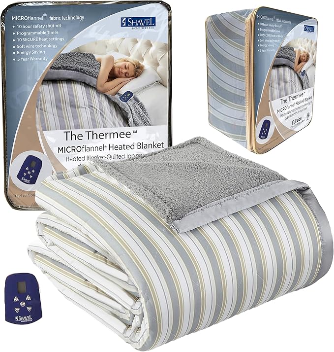 Thermee Micro Flannel Heated Blanket With Sherpa Back - Full Size, 10-Setting Electric, Programmable, Ultra-Soft Throw, Fast Heating Thermal - City Stripe