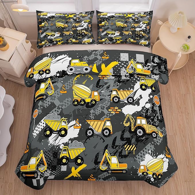 Peopleareok Construction Truck Kids Comforter Set for Boys Twin (68x86 Inch), 2 Pieces Construction Excavator Truck Bedding Sets for Toddler Children, Super Soft Microfiber Comforter with 1 Pillowcase