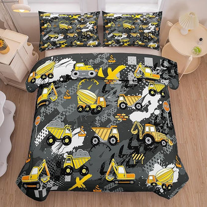 Peopleareok Construction Truck Kids Comforter Set for Boys Twin (68x86 Inch), 2 Pieces Construction Excavator Truck Bedding Sets for Toddler Children, Super Soft Microfiber Comforter with 1 Pillowcase