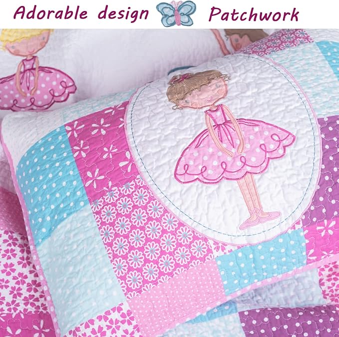 Cozy Line Home Fashions 100% Cotton Ballerina Dance Princess Girl Reversible Bedding Quilt Set, Bedspread Coverlet for All Seasons (Ballerina, Queen+Décor Pillows)