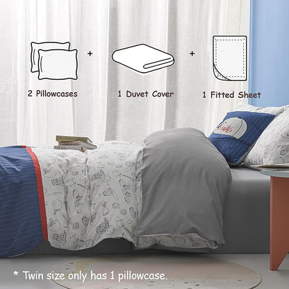 Simple&Opulence 100% Organic Cotton Duvet Cover for Kids Teens, 4 Pieces Soft Comforter Cover with Zipper Closure Cool Boy Girl Baseball Bedding Set - Sports, Full/Queen