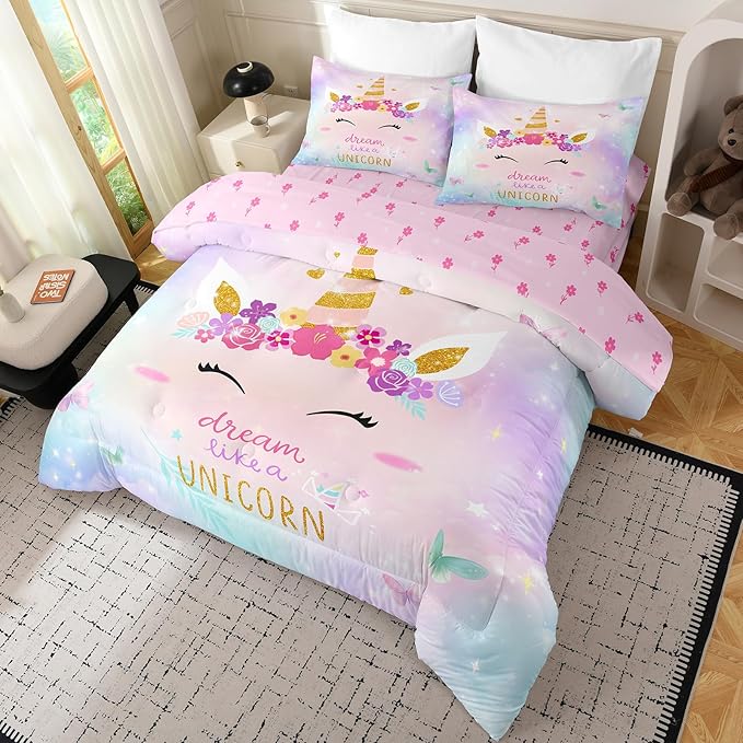 Bodhi Queen Size Comforter Sets for Girls,Kids Unicorn Queen Bedding Sets,Teens Butterfly Flower Unicorn Comforter Sets 5 Piece