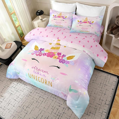 Bodhi Queen Size Comforter Sets for Girls,Kids Unicorn Queen Bedding Sets,Teens Butterfly Flower Unicorn Comforter Sets 5 Piece