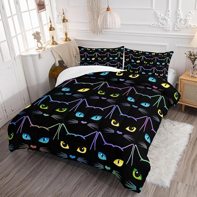 Kawaii Cat Comforter Set, Colorful Line Cat Full Size Bedding Set for Boys Girls Teens, Cartoon Cute Cat Black Quilt Set for Room Decor, Style 2