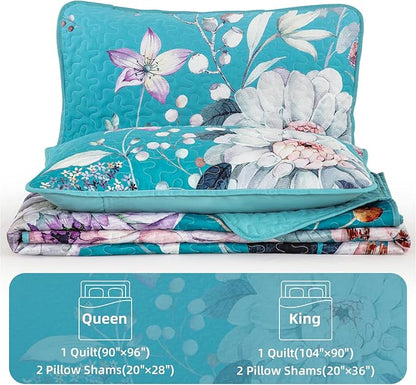 Drucon Floral Quilt Queen Size - 3 Pieces Aqua Blue Quilt Botanical Bedspread Soft Lightweight Flower Bedding Set for All Season (96"x90")