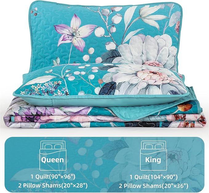 Drucon Floral Quilt King Size - 3 Pieces Aqua Blue Quilt Botanical Bedspread Soft Lightweight Flower Bedding Set for All Season (104"x90")