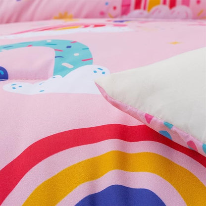 Holawakaka Boho Rainbow Full Comforter Set with Sheets, 5-Piece Bohemian Love Heart Bedding Set for Girls & Women - Super Soft Microfiber Kids Teen-Girls Full Size Pink Reversible Bed-in-a-Bag