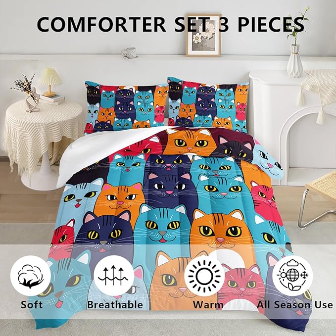 Axolotl Cartoon Cat Comforter Set King Size,Cute Colorful Cat Bedding Set for Kids Boys Girls,Cats Animal Comforter,Kids Bedding for Adults Teens Room Decor,All Season,1 Duvet 2 Pillow Cases
