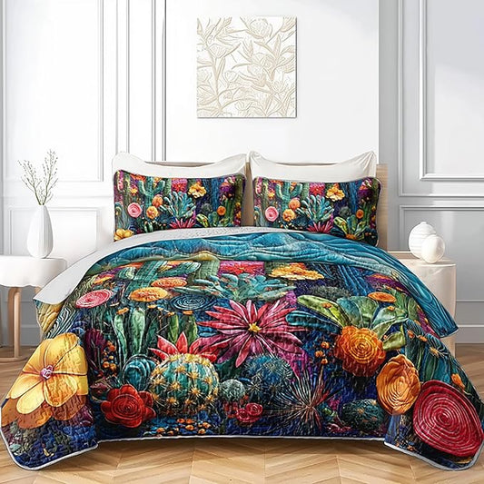 AILONEN Western Cactus Quilt Set King Size,Colorful Cactus Botanical Bedspread Coverlet for Boys Girls,Lightweight,3Pcs Retro Floral Succulent Plant Quilt & 2 Pillowcases