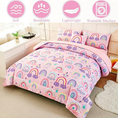 ANGIYUIN 6 Pieces Full Size Kids Comforter Set for Girls Colorful Rainbow Bed in A Bag with Sheets Cute Cartoon Clouds, Stars, Love Hearts Printed Bedding Set for All Season, Pink, Full