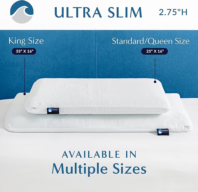 Bluewave Bedding Ultra Slim Gel Memory Foam Pillow for Stomach and Back Sleepers - Thin, Flat Design for Cervical Neck Alignment and Deeper Sleep (2.75-Inches Height, King Size)