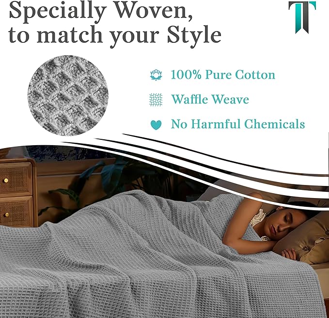 Tex Trend Waffle Blanket – 100% Cotton Blankets Queen Size – Breathable and Soft for Christmas – Suitable for Bed Layering, Sofa - Light Grey (90”x90”)