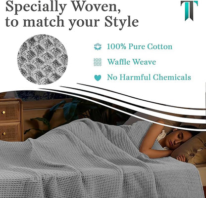 Tex Trend Waffle Blanket – 100% Cotton Blankets Queen Size – Breathable and Soft for Christmas – Suitable for Bed Layering, Sofa - Light Grey (90”x90”)