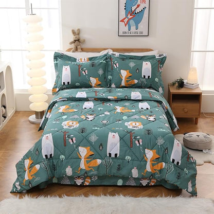 JSD Green Forest Animals Kids Comforter Set Full Size, 3 Piece Woodland Printed Microfiber Bedding Set, Machine Washable