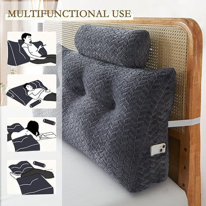 YOUR MOON Wedge Headboard Pillow Twin with 1 Pack Neck Roll Pillow, Triangular Wedge Backrest Pillows Headboard for Bed,Daybed,and Lounging, Large Bed Bolster Pillows,Dark Gray
