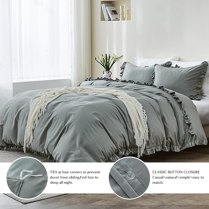Simple&Opulence Kids 100% Organic Cotton King Duvet Cover Ruffle 3Pcs(1 Comforter Cover 2 Pillowcases) Cute Lace Vintage Boho Shabby Chic Farmhouse Bedding Set Teen Girls(Gray, King)