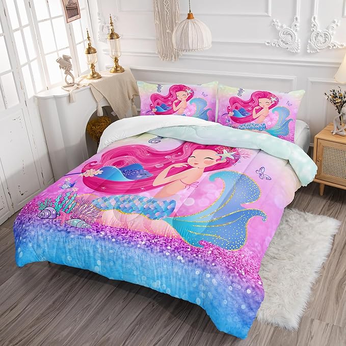 Mermaid Butterfly Comforter Set Full Size Fairy Tale Sea Shell Grass Bedding Set Colorful Rainbow Quilt Bed Set for Kid Girls with 1 Comforter and 2 Pillowcases