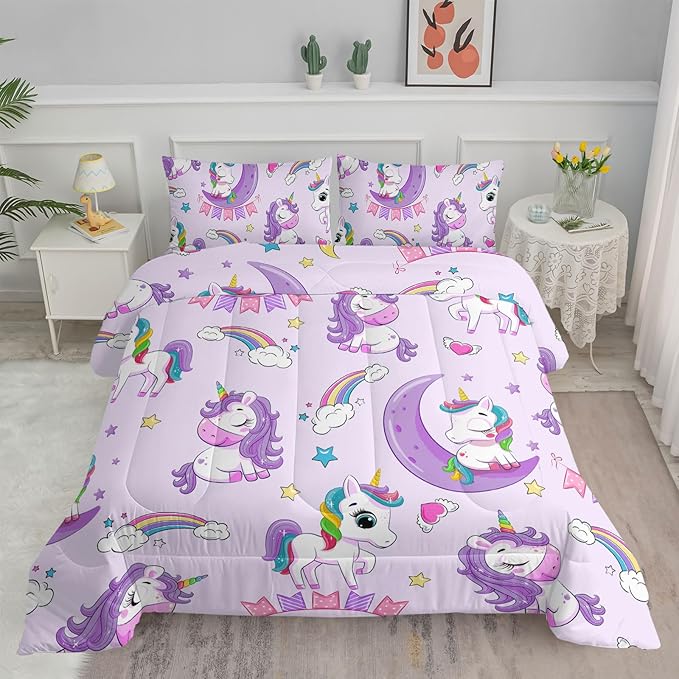Axolotl Purple Unicorn Comforter Set King Size,Kids Bedding Set for Girls,Cute Unicorn Rainbow Bedding with Stars,3Pcs Cartoon Stars Printed Bed Set 1 Comforter 2 Pillowcases All Seasons