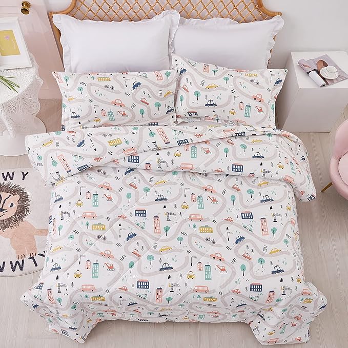 JSD Car Kids Comforter Set Queen Size, 3 Piece Microfiber Comforter with Pillow Sham, Machine Washable