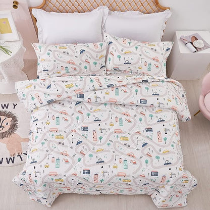 JSD Car Kids Comforter Set Queen Size, 3 Piece Microfiber Comforter with Pillow Sham, Machine Washable
