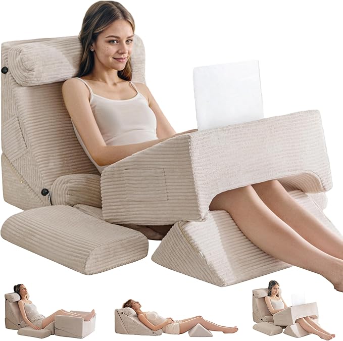 HIGOGOGO 10PCS Orthopedic Bed Wedge Pillow Set – Adjustable Soft Foam Body Positioners for After Surgery Recovery, Back & Leg Pain Relief, Sitting Up in Bed, Acid Reflux & GERD, Beige