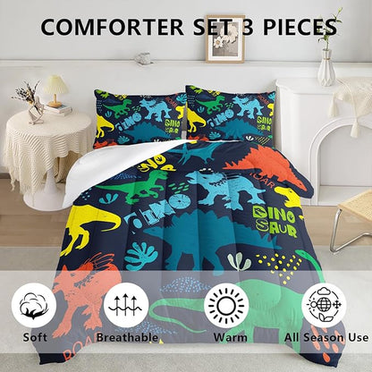 Axolotl Boys Cartoon Dinosaur Comforter Bedding Set,Cute Dinosaur Bedding Set for Boys Girls,Colorful Dino Animal Kids Comforter for Teens Kids Adults All Season,1 Quilt 2 Pillow Cases King Size