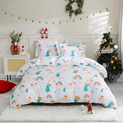 JSD Christmas Kids Duvet Cover Set Queen Size, 3 Piece Rainbow Tree Printed Microfiber Comforter Cover with Pillow Shams Zipper Closure, Comforter Not Included