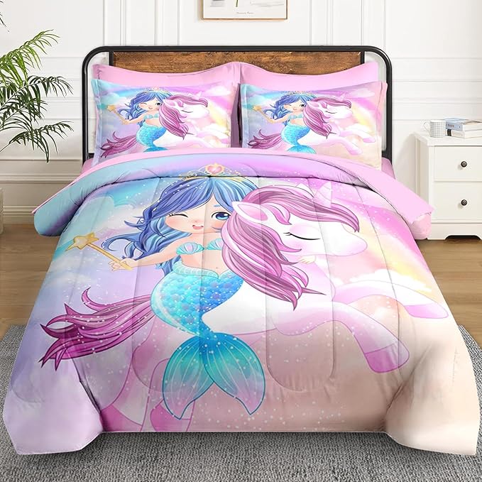 Queen Size Comforter Set with 2 Pillowcases & 2 Shams, Cute Unicorn Mermaid 7 Pcs Bedding for Kids and Teens, Love Kids Rainbow Bed in a Bag with Flat Fitted Sheet