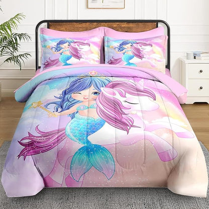 Twin Size Comforter Set with Pillowcase & Sham, Cute Unicorn Mermaid 5 Pcs Bedding for Kids and Teens, Love Kids Rainbow Bed in a Bag with Flat Fitted Sheet