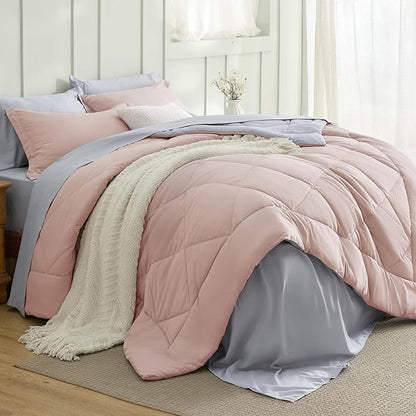 Bedsure Twin Comforter Set - 5 Pieces Reversible Blush Pink Bedding, Twin Size Bed Set for All Seasons, Bed in a Bag with Down Alternative Comforter, Sheets, Pillowcase & Sham