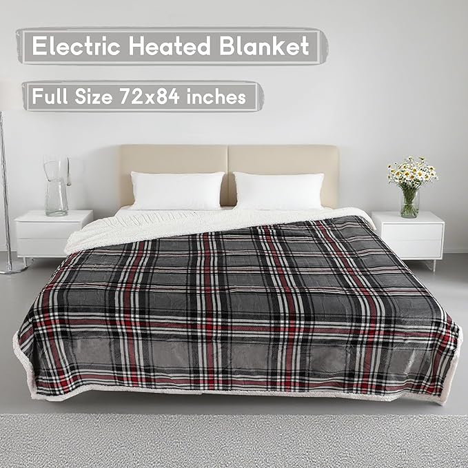 Heated Blanket Electric Blanket Full Size 72''x84'', Soft Flannel Heating Blanket with 12 Hour Auto Off - 10 Heat Settings - Machine Washable - Gray & Red