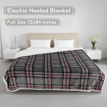 Heated Blanket Electric Blanket Full Size 72''x84'', Soft Flannel Heating Blanket with 12 Hour Auto Off - 10 Heat Settings - Machine Washable - Gray & Red
