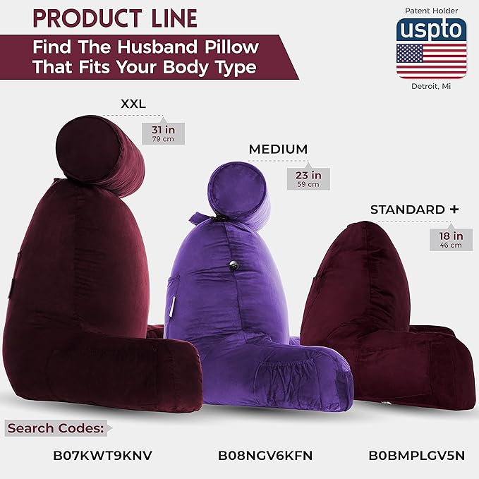 Husband Pillow XXL Aspen Edition, Adult Reading Sit Up Bed Rest Pillow for Bed with Arms & Neck Roll on Bungee Cord - Premium Memory Foam - Reversible 2 Sided Cover Micro Suede or Plush, Mauve Purple