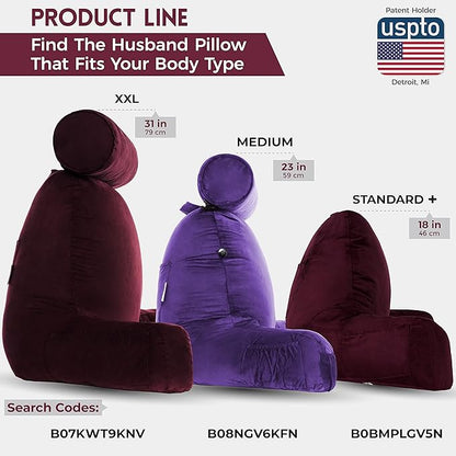 Husband Pillow XXL Aspen Edition, Adult Reading Sit Up Bed Rest Pillow for Bed with Arms & Neck Roll on Bungee Cord - Premium Memory Foam - Reversible 2 Sided Cover Micro Suede or Plush, Mauve Purple