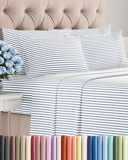 King 6 Piece Sheet Set - Comfy Breathable & Cooling - Soft Hotel Luxury Bedding Set with 8-16 Inch Deep Pockets - 1 Flat & 1 Fitted Sheet & 4 Pillowcases - Wrinkle Free & Easy Care - Blue Stripes 2